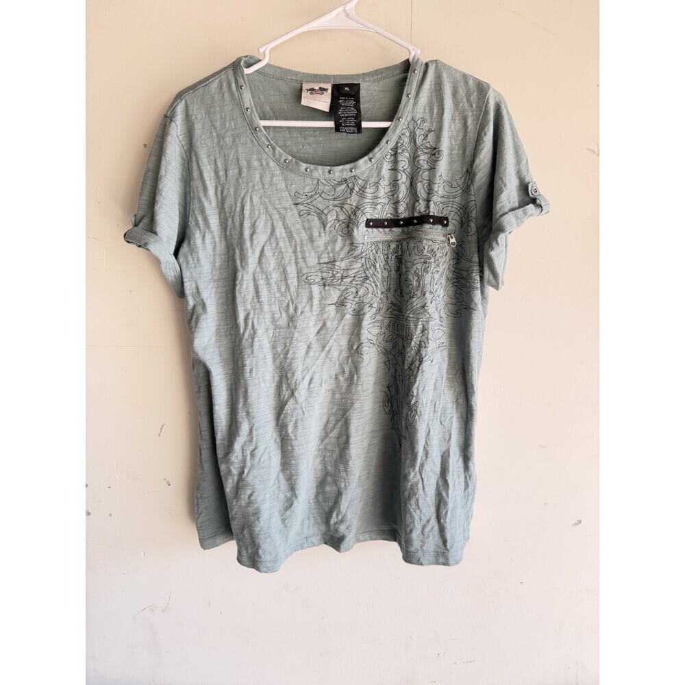 Women’s Harley Davison  Green/Blue Tribal Print T-Shirt Xl